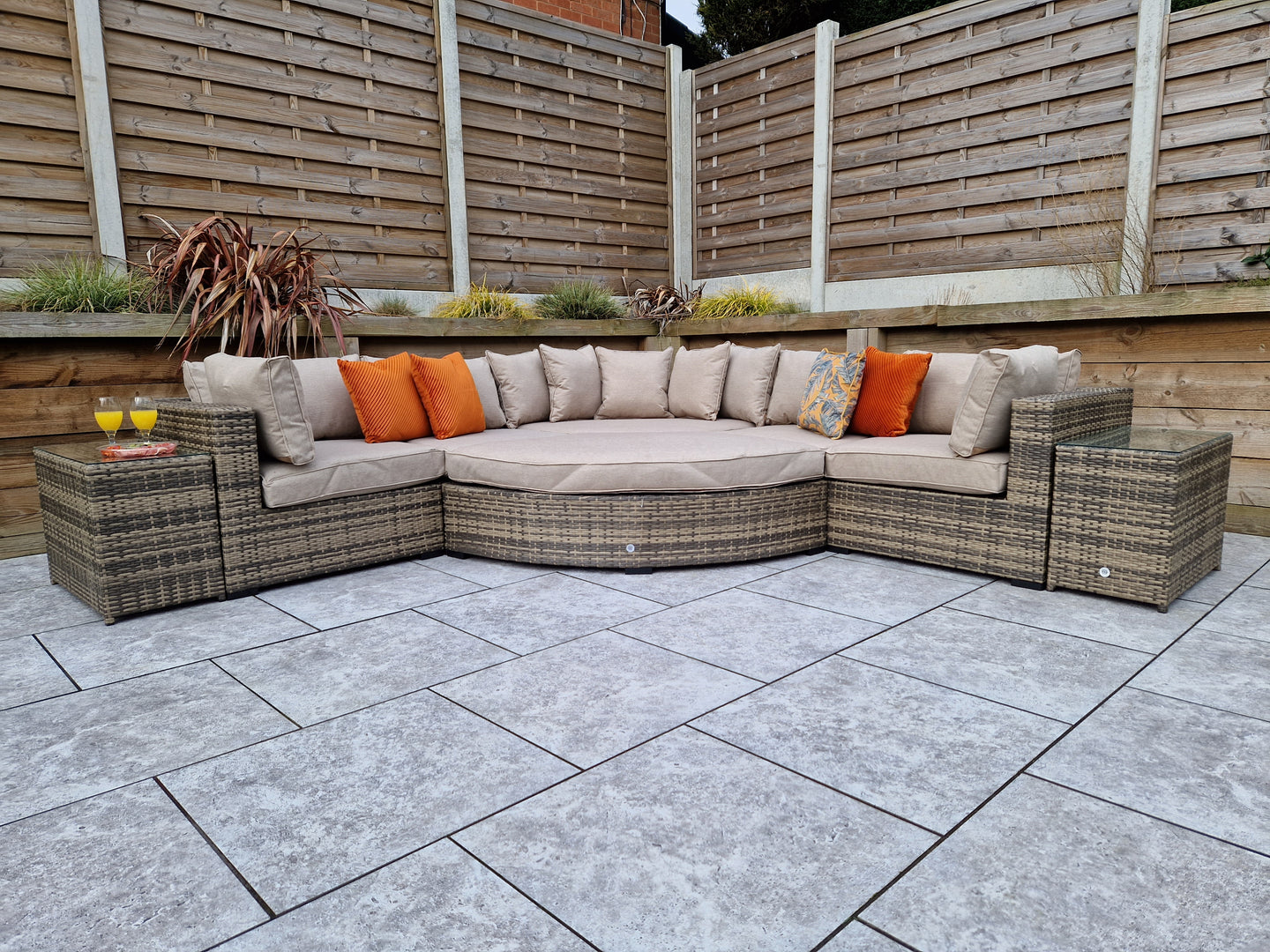 Signature Weave - Outdoor Furniture - Jessica - Corner With Poof & End Tables In Mixed Brown